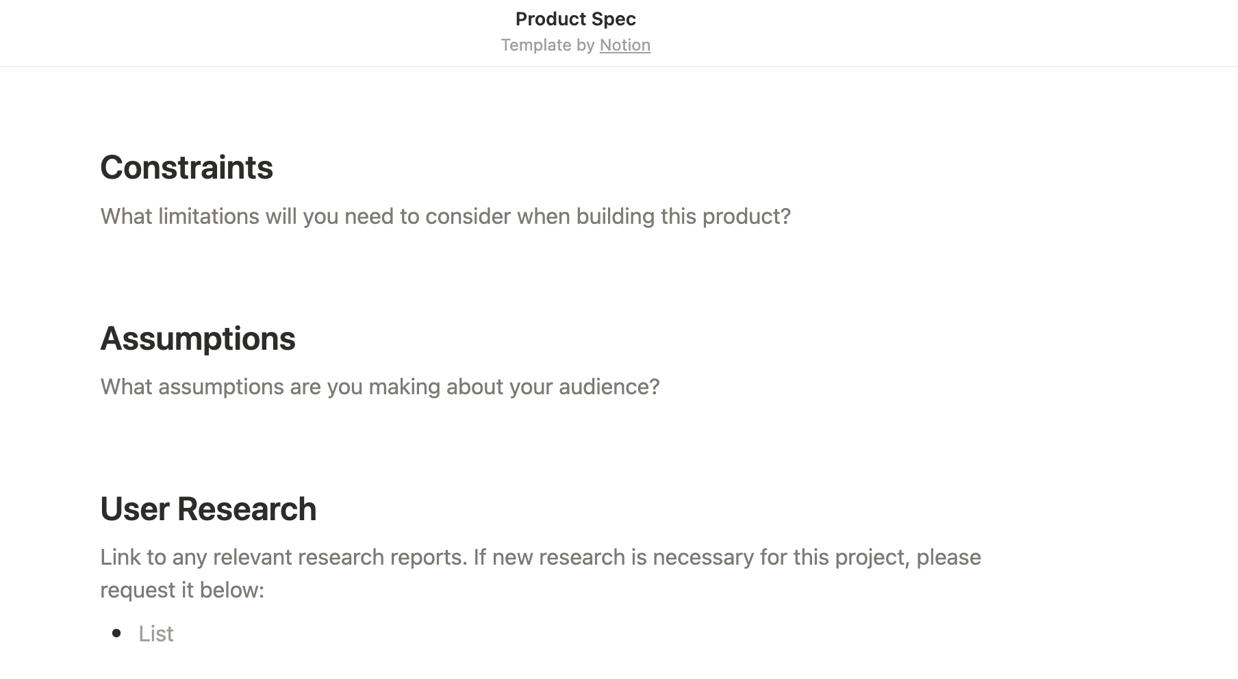 A product spec template in Notion that shows sections for constraints and assumptions