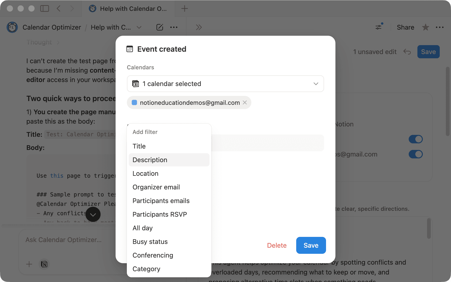 Calendar agent filters